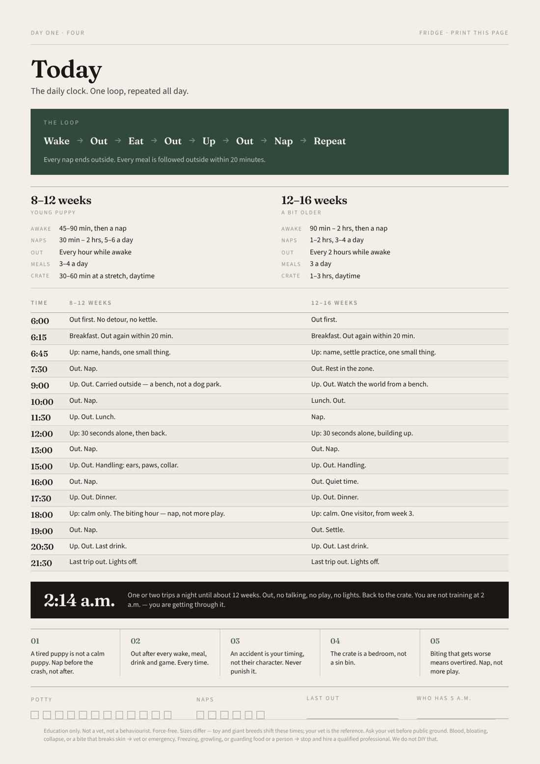 The Today page: the daily loop, both age bands, and an hour-by-hour clock from 6:00 to 21:30